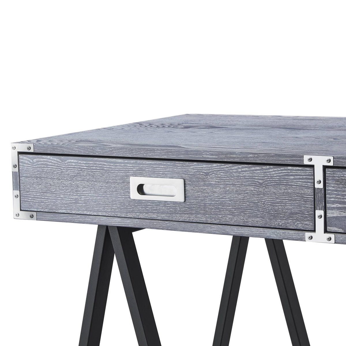 Grey Writing Desk with Oak Veneer Finish and Powder Coated Black Base O883