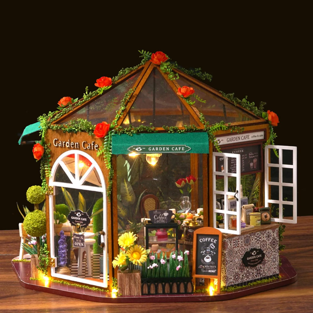 DIY Miniature Doll House Wooden Coffee Shop with Furniture LED Light K76304