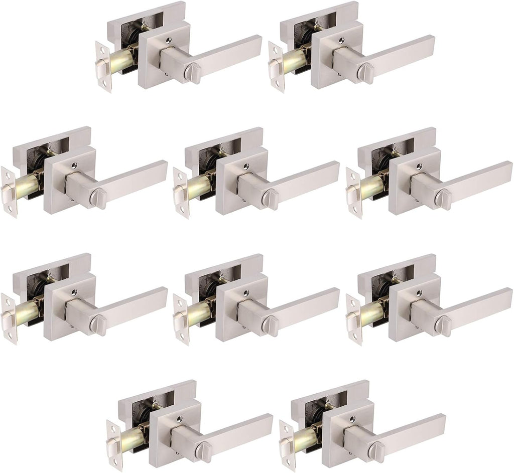 Satin Nickel Square Privacy Door Handles Leverset Lockset 10Pack X739466
