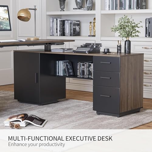 63" L Shaped Electric Height Adjustable Standing Desk with File Cabinet, Black Walnut D12390