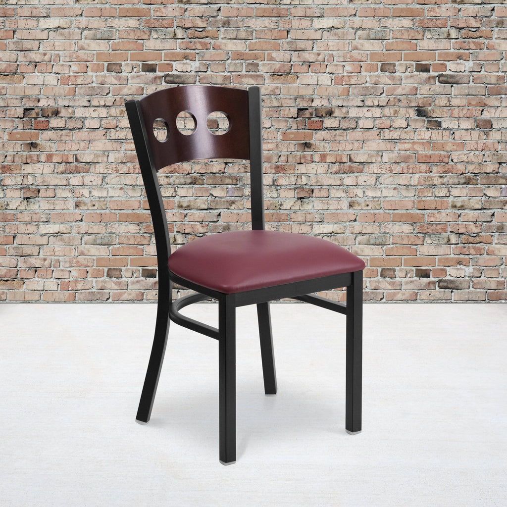 Black Metal Restaurant Chair with Walnut Wood Back and Burgundy Vinyl Seat S150009