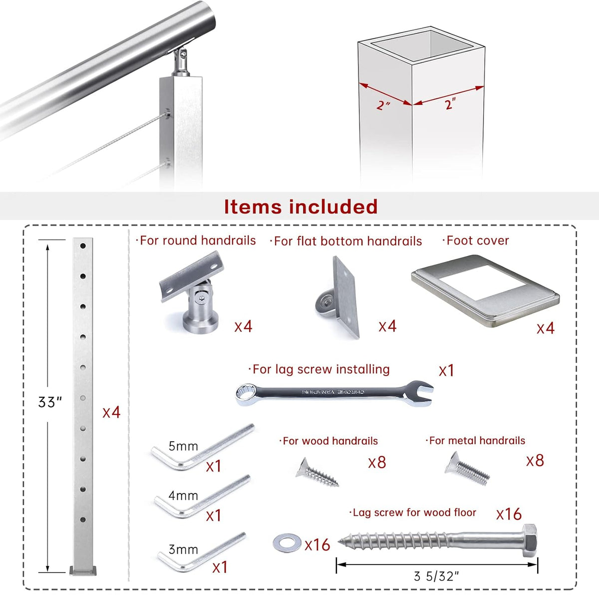 4 Pack Stainless Steel Cable Railing Post U4356