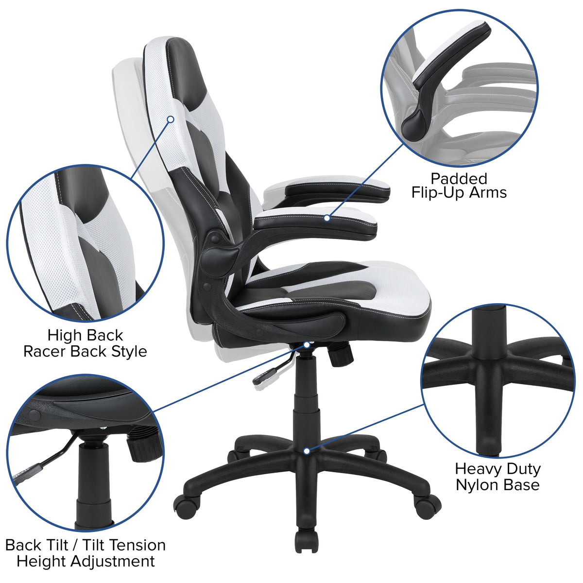 Black and White Gaming Desk with Cup and Headphone Holders K320
