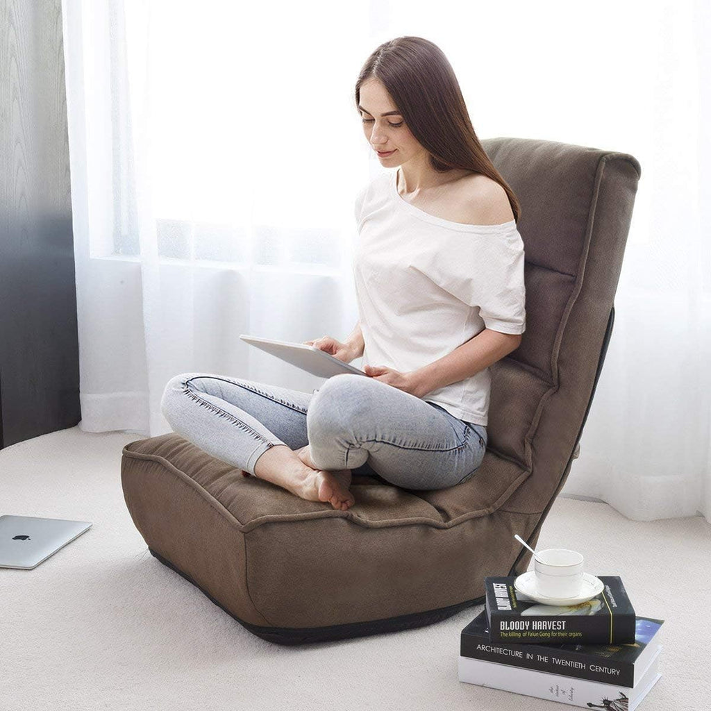 Brown Floor Chair Sleeper 4-Position Adjustable Angle Folding Lazy Sofa Cushioned Couch Lounger Q867