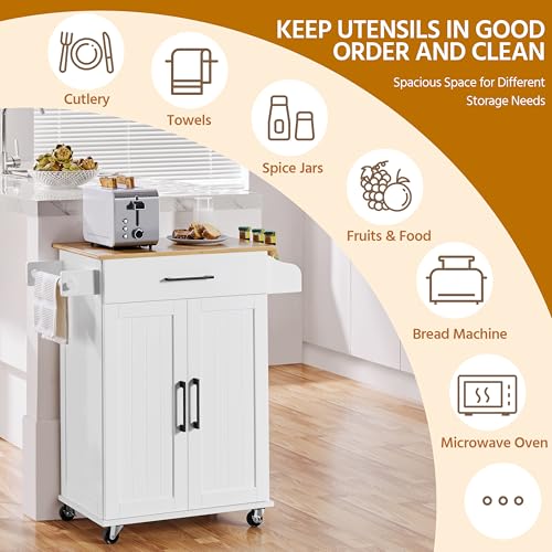 White Rolling Kitchen Cart with Bamboo Tabletop W2027