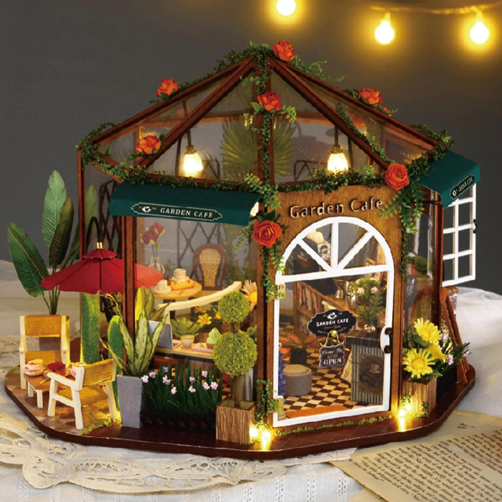 DIY Miniature Doll House Wooden Coffee Shop with Furniture LED Light K76304