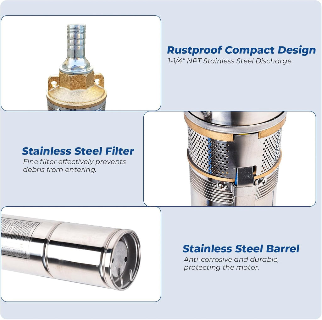1HP 220V 60HZ 0.75KW Stainless Steel Submersible Well Pump, 1.25" Outlet, 33GPM 207ft Head Q2048
