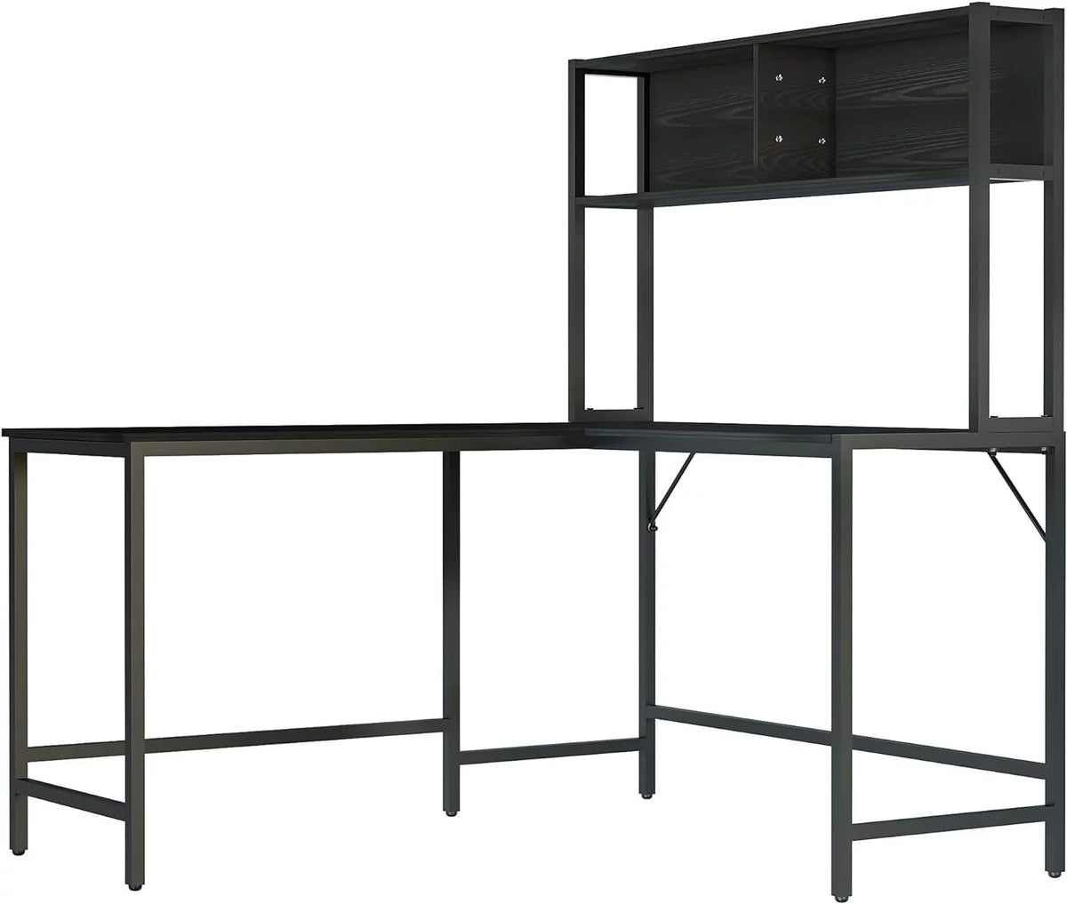 55 Inch L Shaped Computer Desk with Hutch, Black A67350
