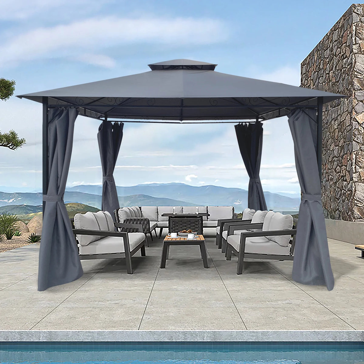 10 x 10 ft Steel Patio Gazebo with Curtain C252237