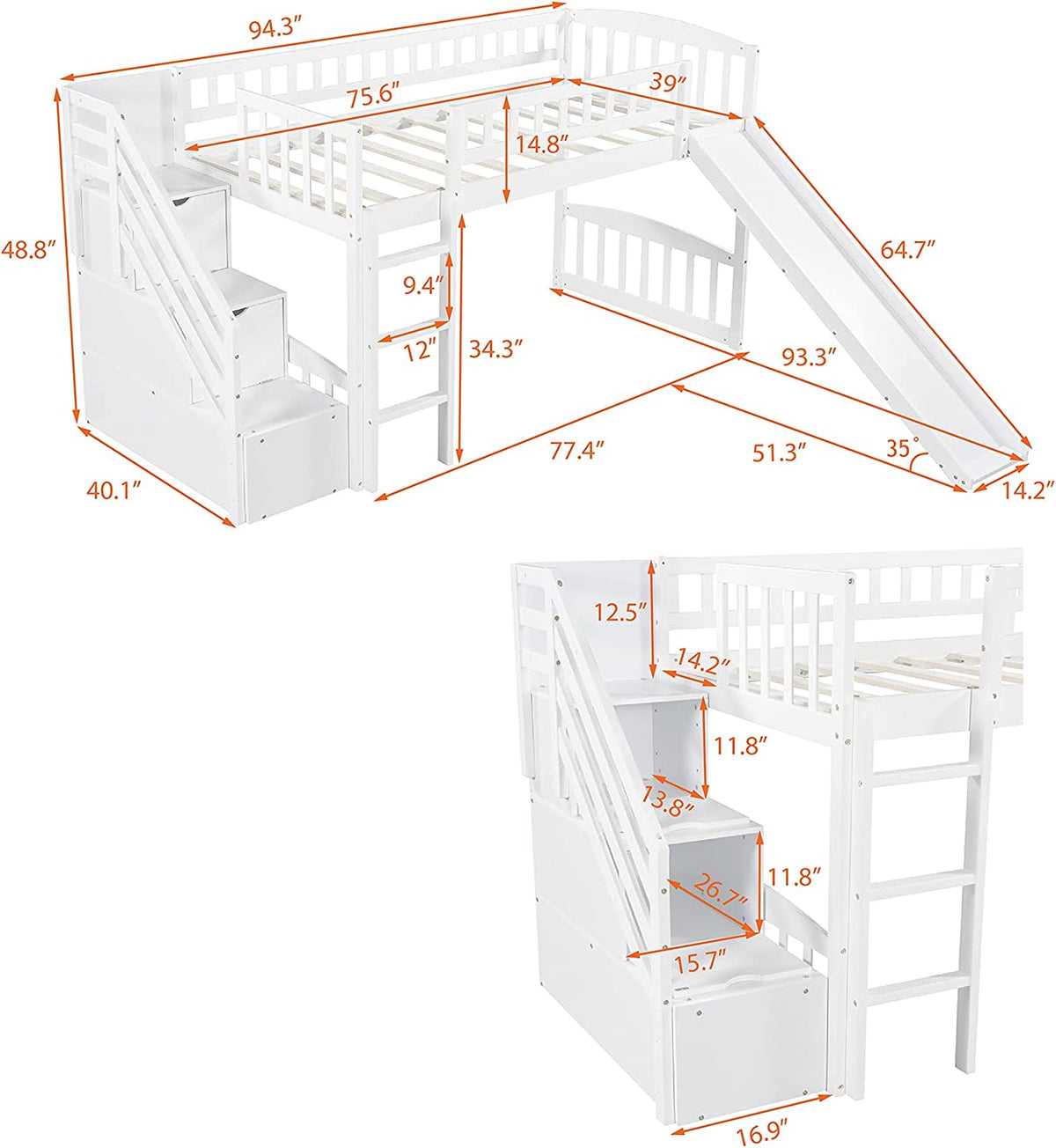 White Wooden Low Loft Bed Frame With Storage B38269