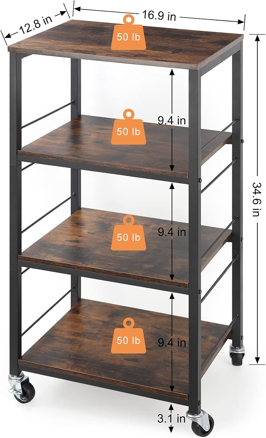 4 Tier Rolling Utility Cart with Wood Top and Metal Frame W887