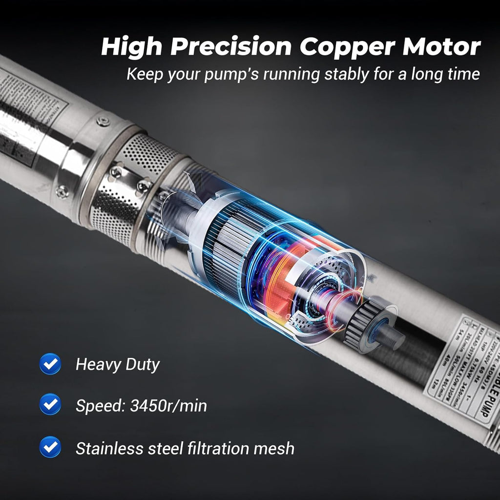 1HP 220V 60HZ 0.75KW Stainless Steel Submersible Well Pump, 1.25" Outlet, 33GPM 207ft Head Q2048