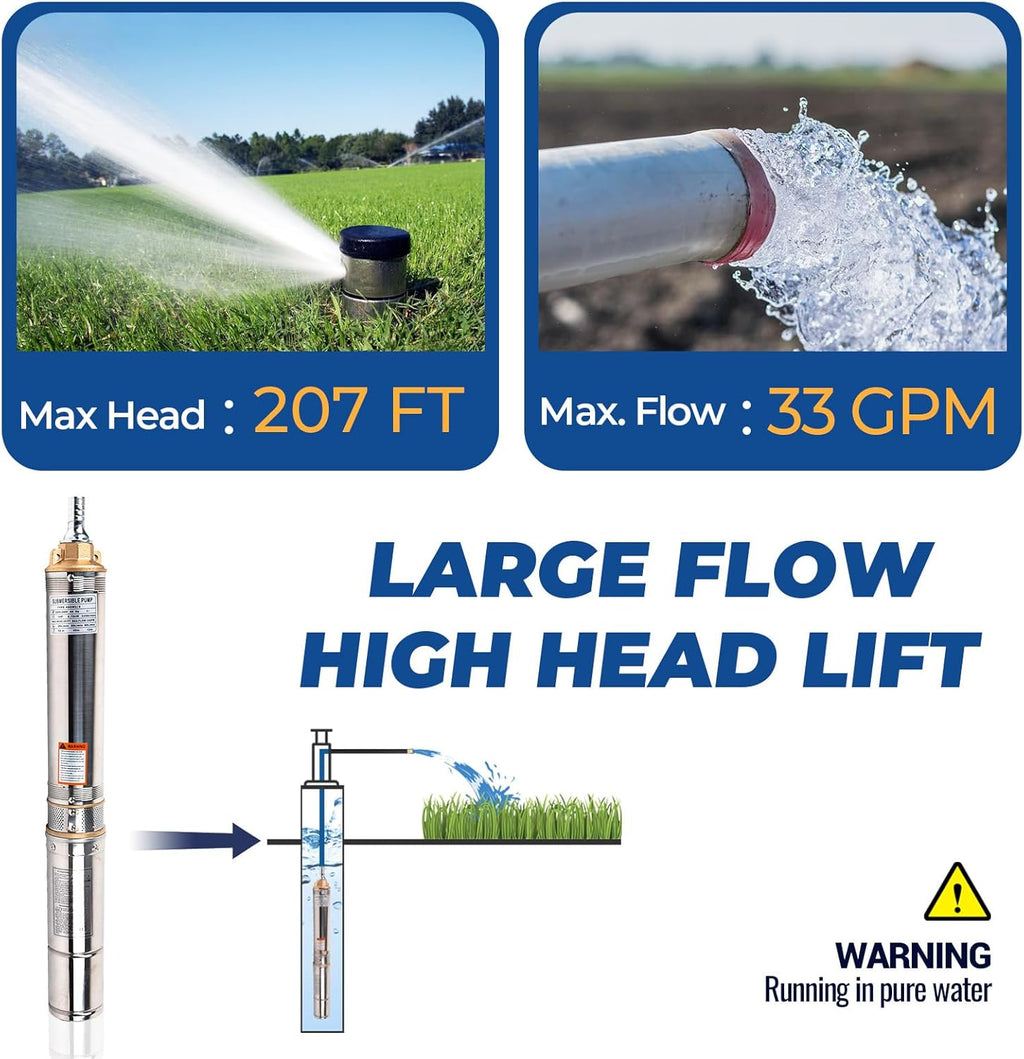 1HP 220V 60HZ 0.75KW Stainless Steel Submersible Well Pump, 1.25" Outlet, 33GPM 207ft Head Q2048