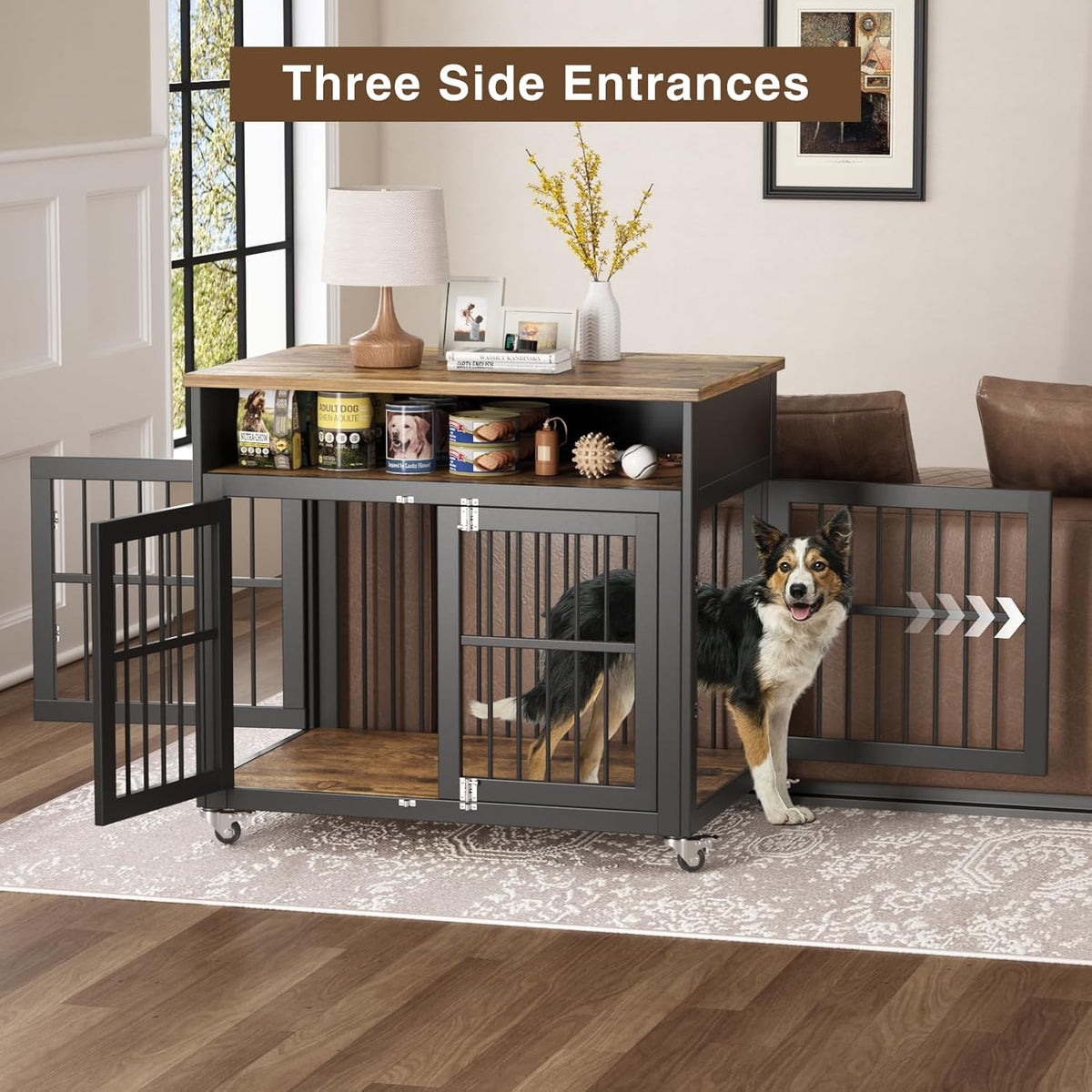 Brown Wooden Dog Crate with Wheels T237421