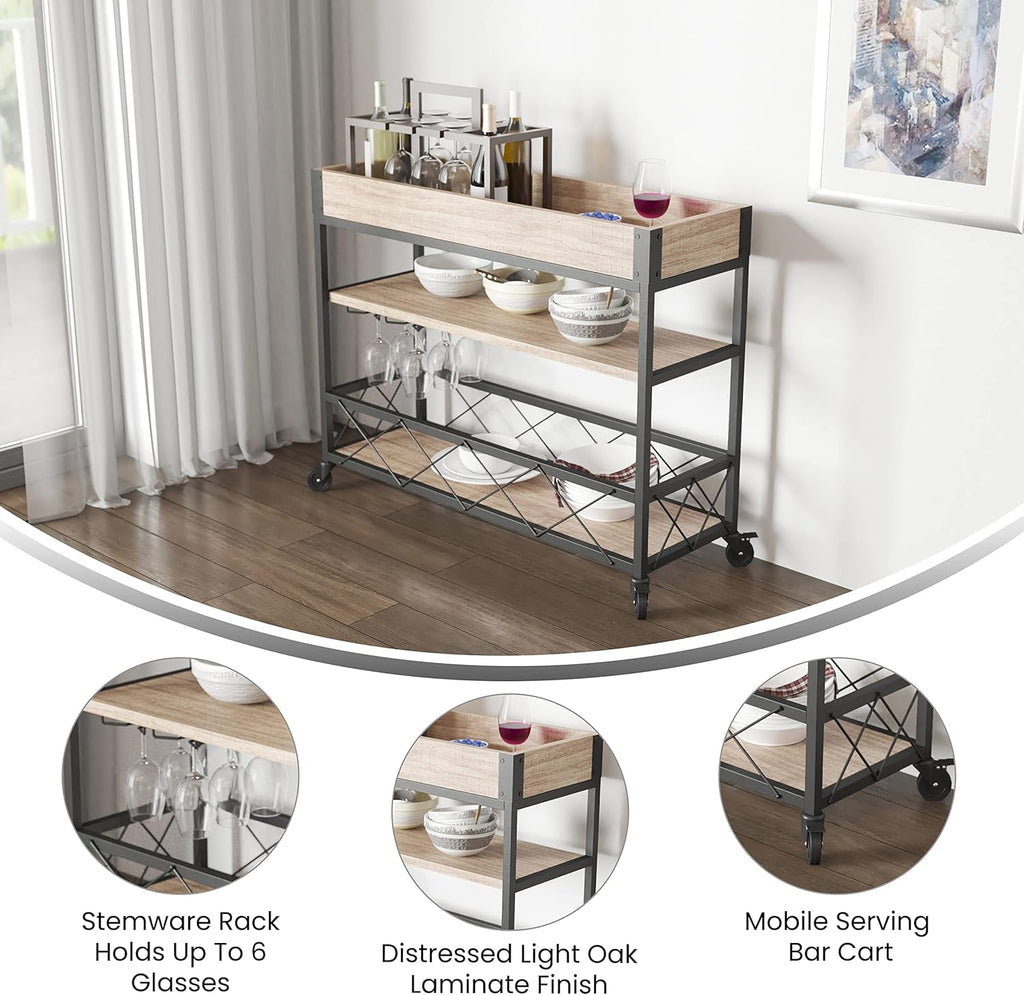 Distressed Wood Kitchen Bar Cart with Storage Rack and Shelf L71900