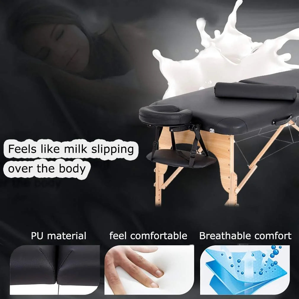 Portable Massage Table 73” L 28”W Height Adjustable with Bolsters Carry Case 2 Fold Black K115