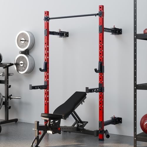 Wall-Mounted Power Cage with Pull-up Bar, J-Hooks, Landmine, Spotter Arms W7811