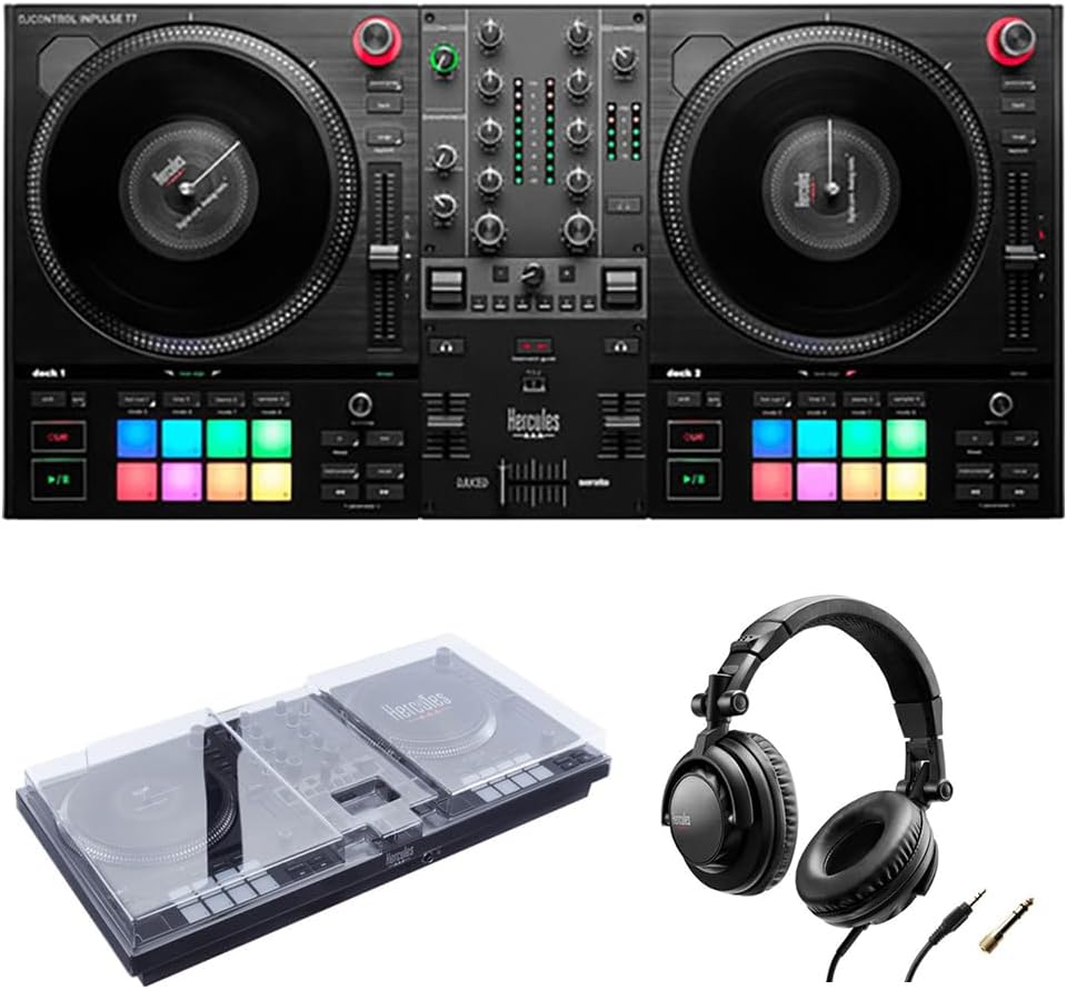 2 Deck Motorized DJ Controller with Cover and Closed-Back Headphones J250640
