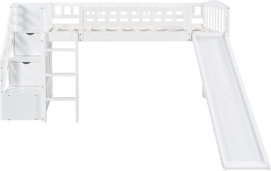 White Wooden Low Loft Bed Frame With Storage B38269