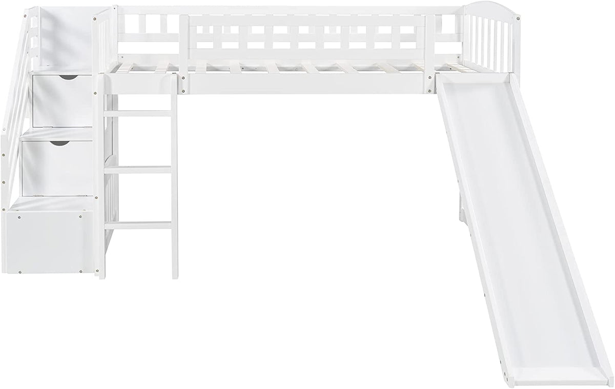 White Wooden Low Loft Bed Frame With Storage B38269