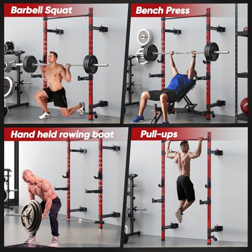 Wall-Mounted Power Cage with Pull-up Bar, J-Hooks, Landmine, Spotter Arms W7811