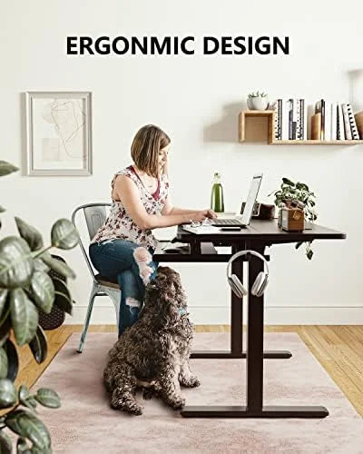 White Frame Light Rustic Brown Top Electric Standing Desk 55 x 24 Inches Height Adjustable with Keyboard Tray S211