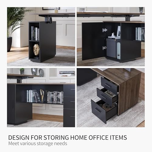 63" L Shaped Electric Height Adjustable Standing Desk with File Cabinet, Black Walnut D12390