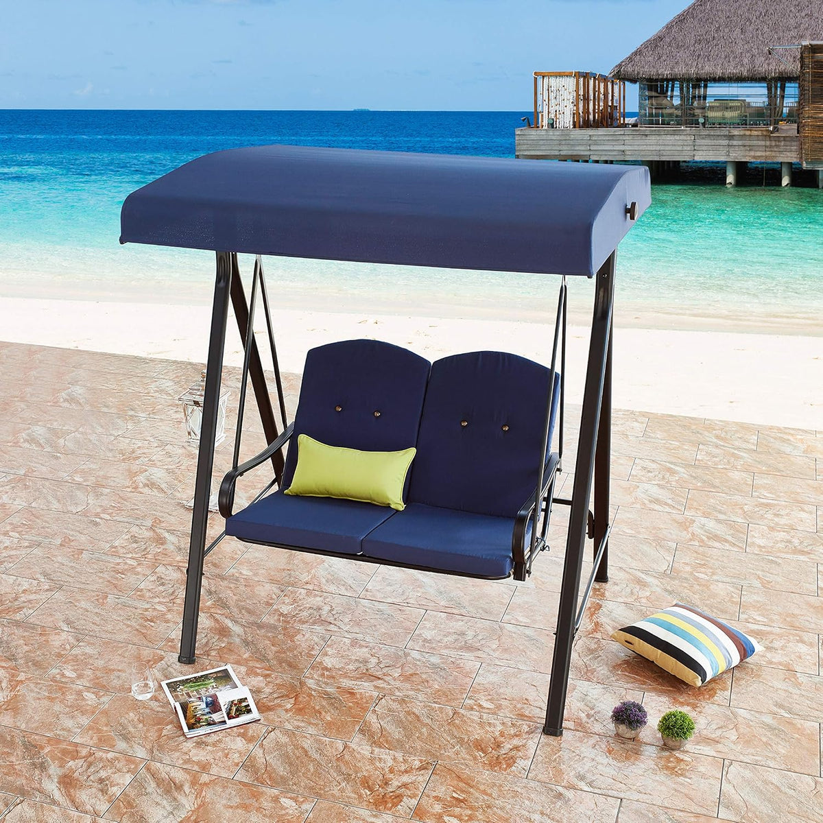 3-Seats Patio Swing with Adjustable Canopy Steel Frame Z766