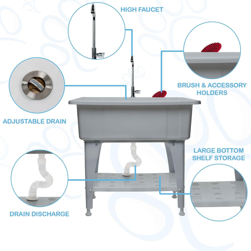 Portable Dog Bathing Station with Removable Shelf and Massage Brush R28854