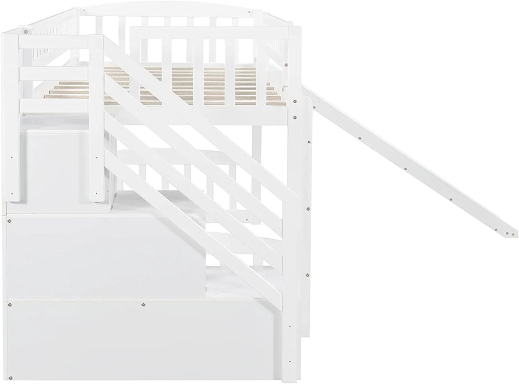 White Wooden Low Loft Bed Frame With Storage B38269