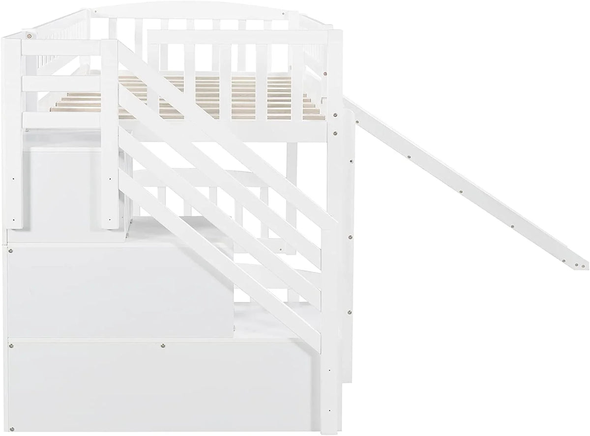 White Wooden Low Loft Bed Frame With Storage B38269