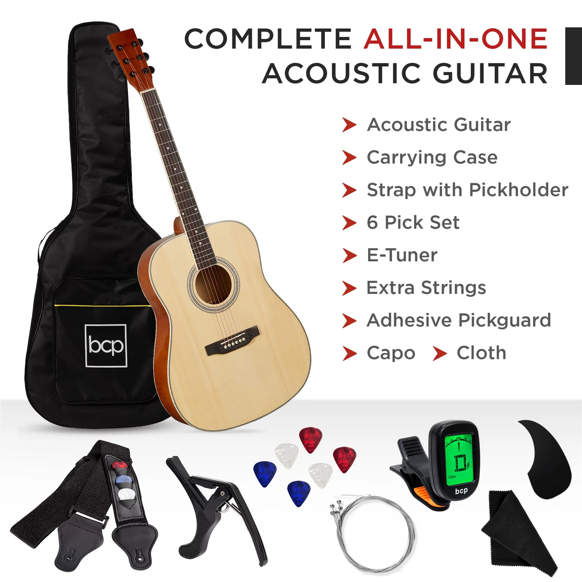 Natural Full Size Acoustic Guitar Starter Kit with Gig Bag W1131