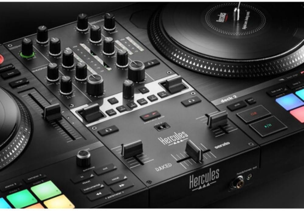2 Deck Motorized DJ Controller with Cover and Closed-Back Headphones J250640