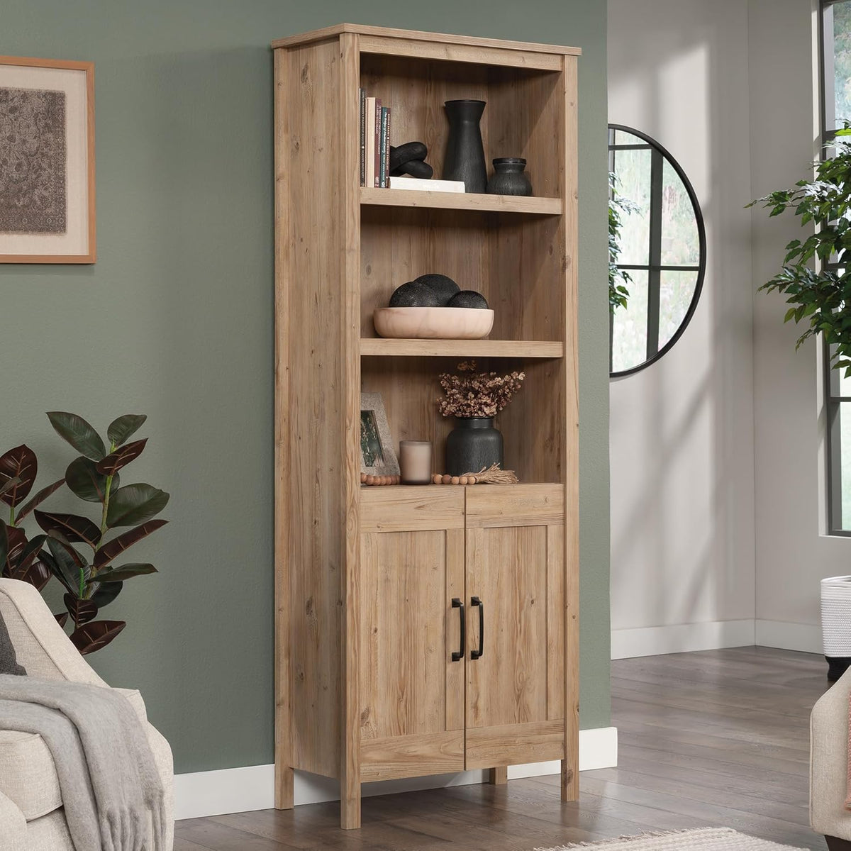 Khaki Pine Finish Bookcase with Doors L899680