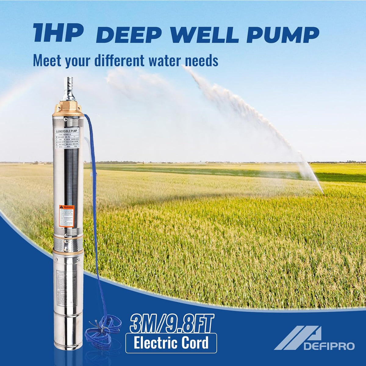 1HP 220V 60HZ 0.75KW Stainless Steel Submersible Well Pump, 1.25" Outlet, 33GPM 207ft Head Q2048