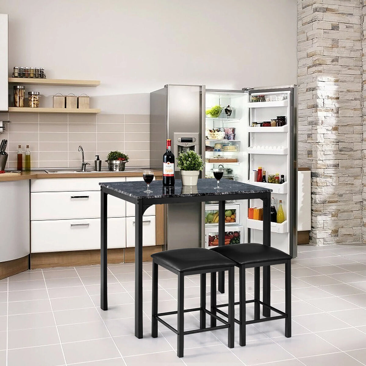 3 Piece Counter Height Dining Set Faux Marble Table 2 Chairs F574187