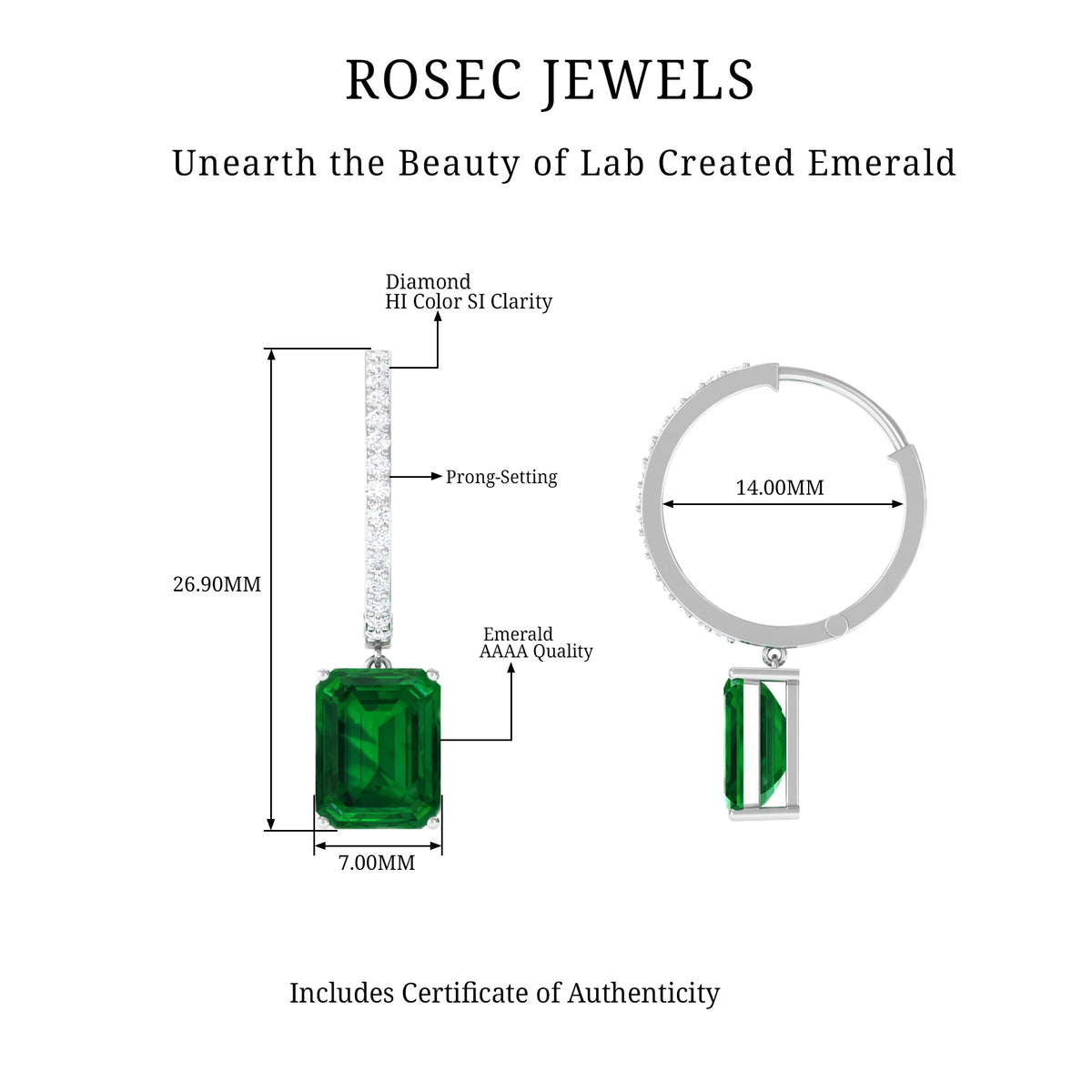 14K Yellow Gold Lab Created Emerald Drop Earrings with Diamond B1056