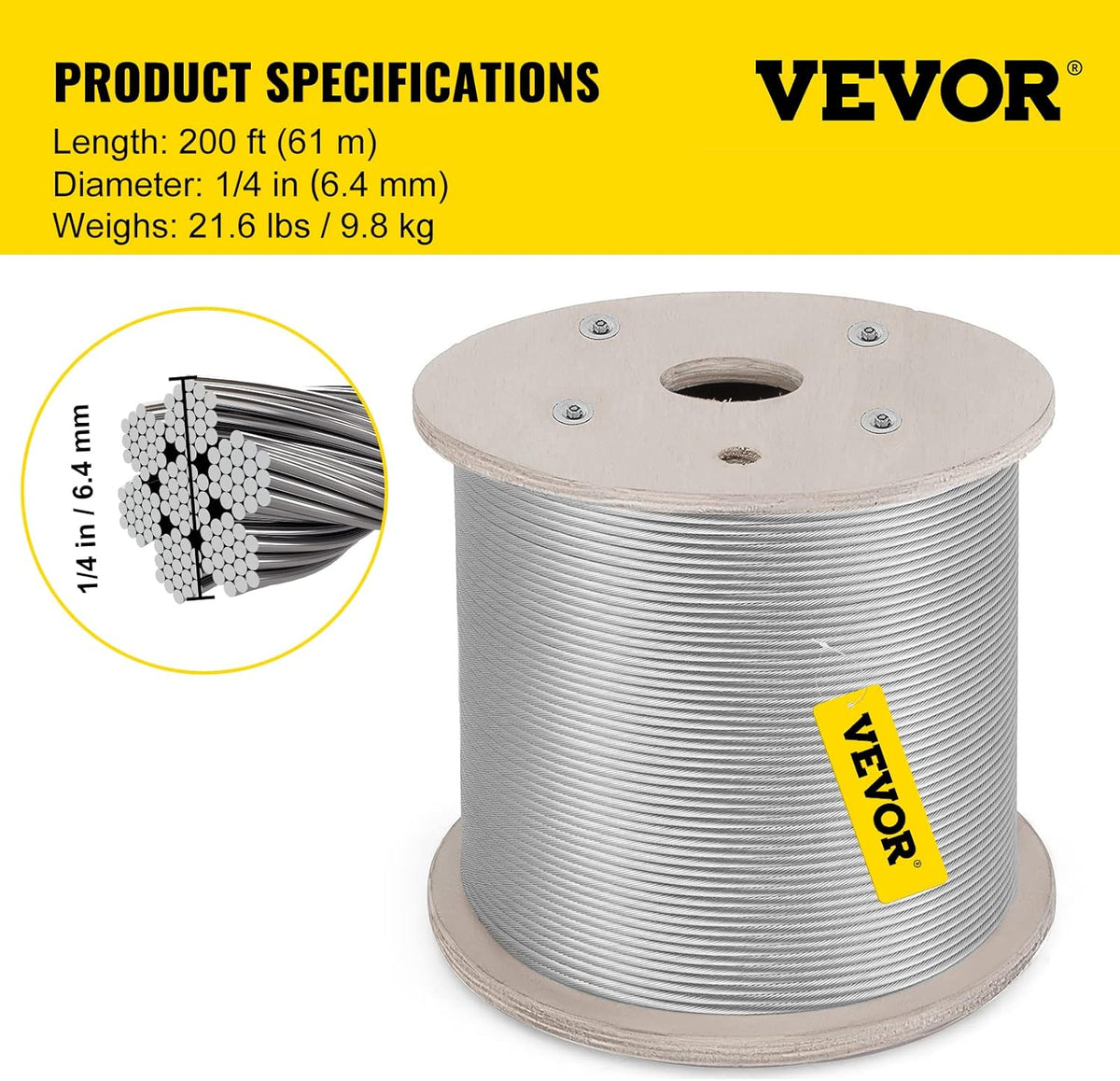 304 Stainless Steel Cable 1/4 Inch 7 X 19 Steel Wire Rope 200Feet M5616