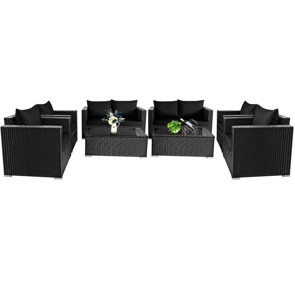 8 Pcs Rattan Patio Conversation Set with Black Cushions A8824