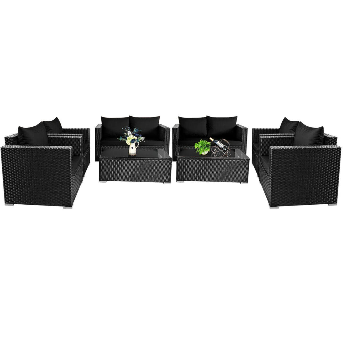 8 Pcs Rattan Patio Conversation Set with Black Cushions A8824