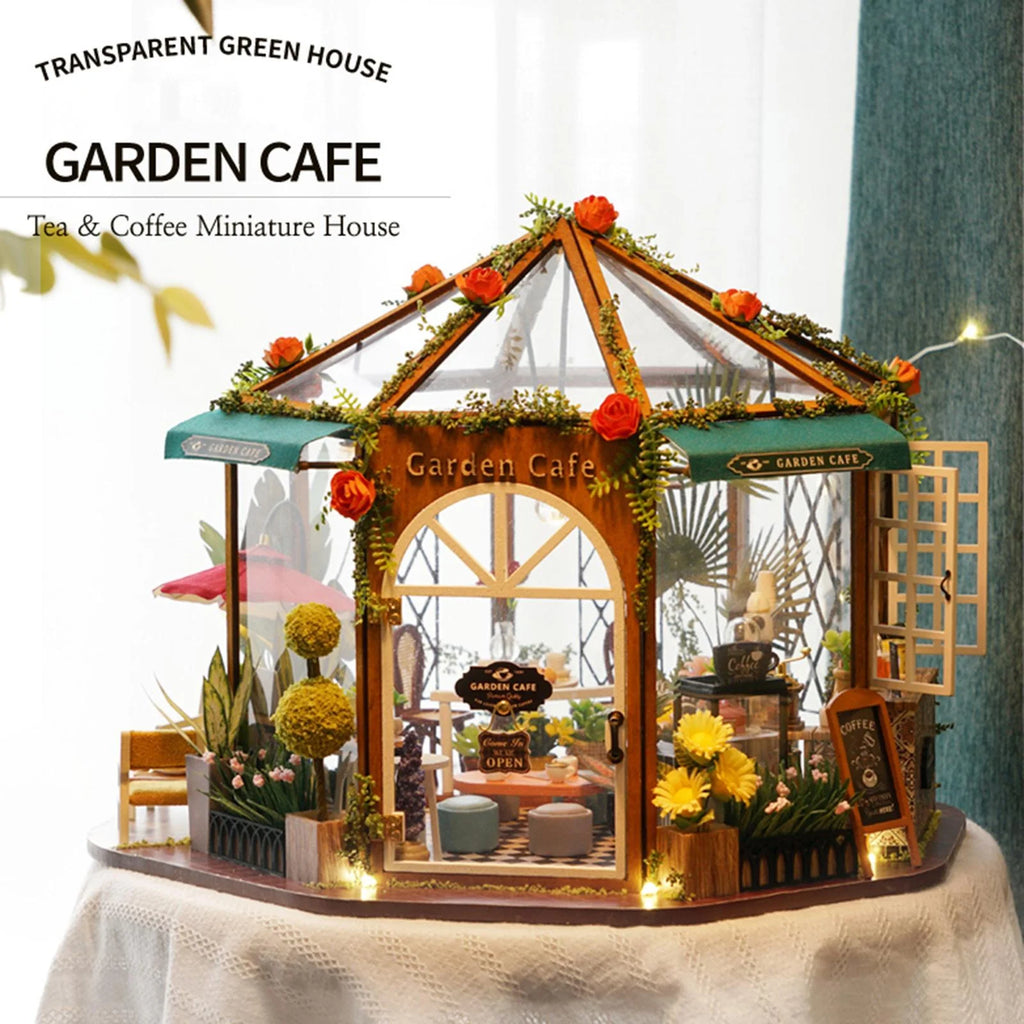 DIY Miniature Doll House Wooden Coffee Shop with Furniture LED Light K76304