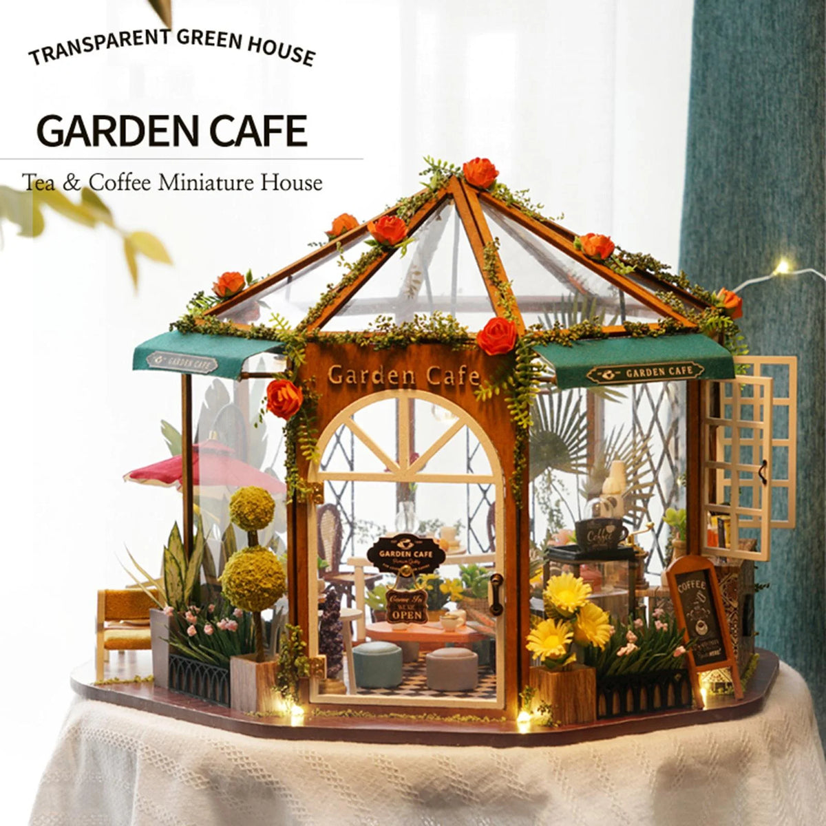DIY Miniature Doll House Wooden Coffee Shop with Furniture LED Light K76304