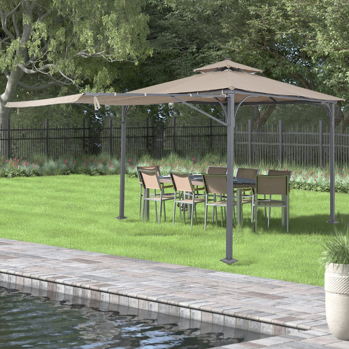Outdoor Patio Gazebo with Extended Side Shed and Awning and LED Light S968645