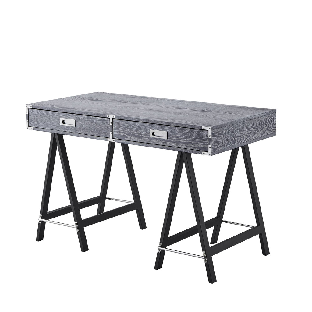 Grey Writing Desk with Oak Veneer Finish and Powder Coated Black Base O883