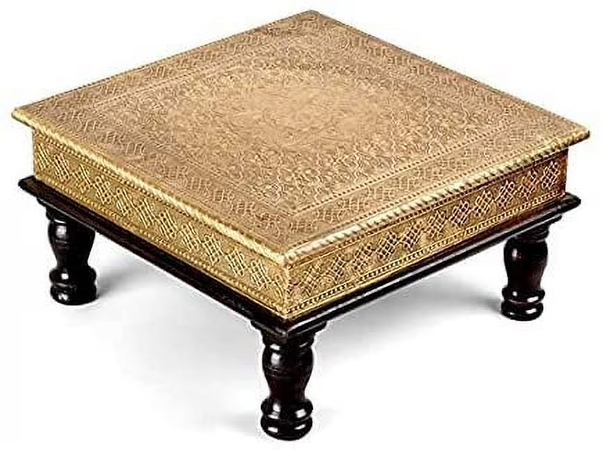 Brass and Wooden Indian Chowki Low Stool J2520