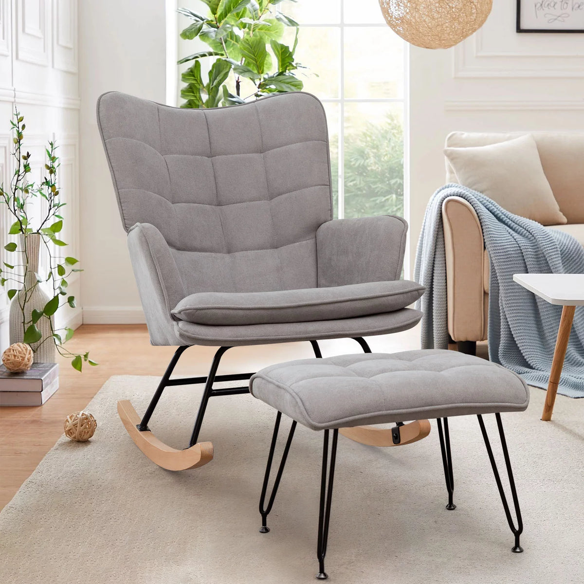 Gray Linen Fabric Rocking Chair with Ottoman B86624