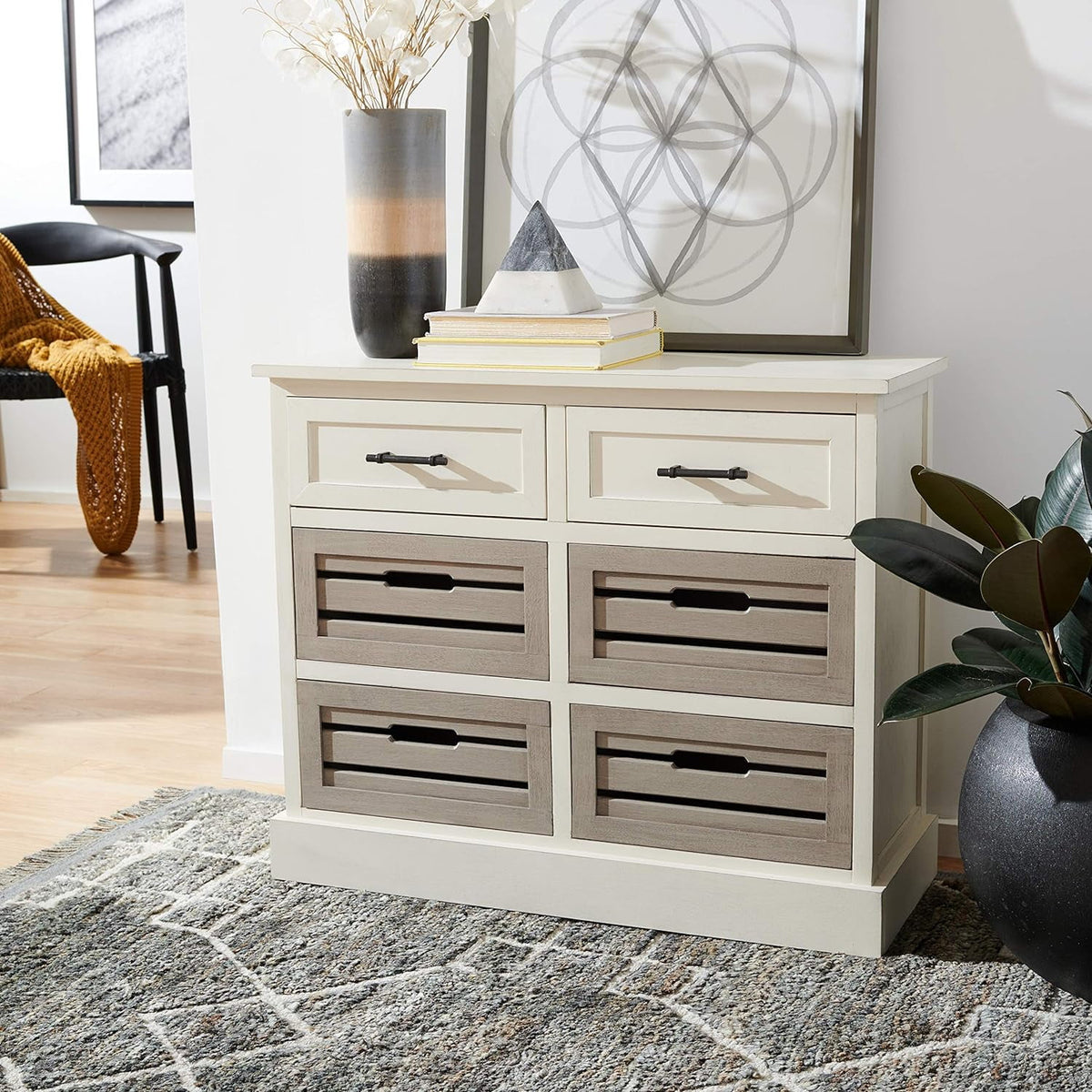 Distressed White And Greige 6 Drawer Storage Chest Y39533