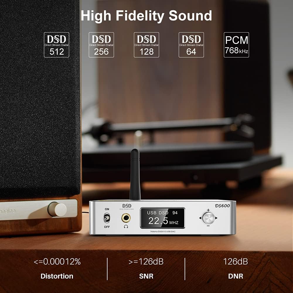 DS600 HiFi Audio DAC Bluetooth 5.0 Receiver LDAC AptX HD, USB DAC, DSD512 32Bit/768Khz, Dual ES9038Q2M XMOS, Headphone Amplifier 3.5mm AUX/RCA Out W8314