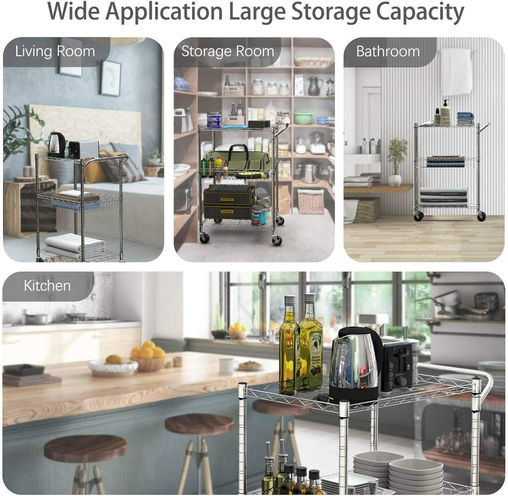3-Tier Silver Steel Rolling Kitchen Trolley Cart with Storage Shelves S325810