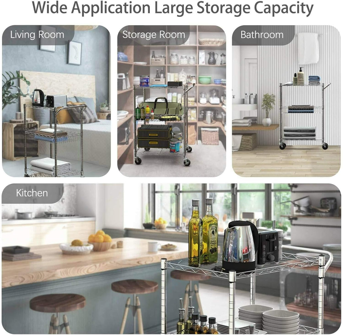 3-Tier Silver Steel Rolling Kitchen Trolley Cart with Storage Shelves S325810